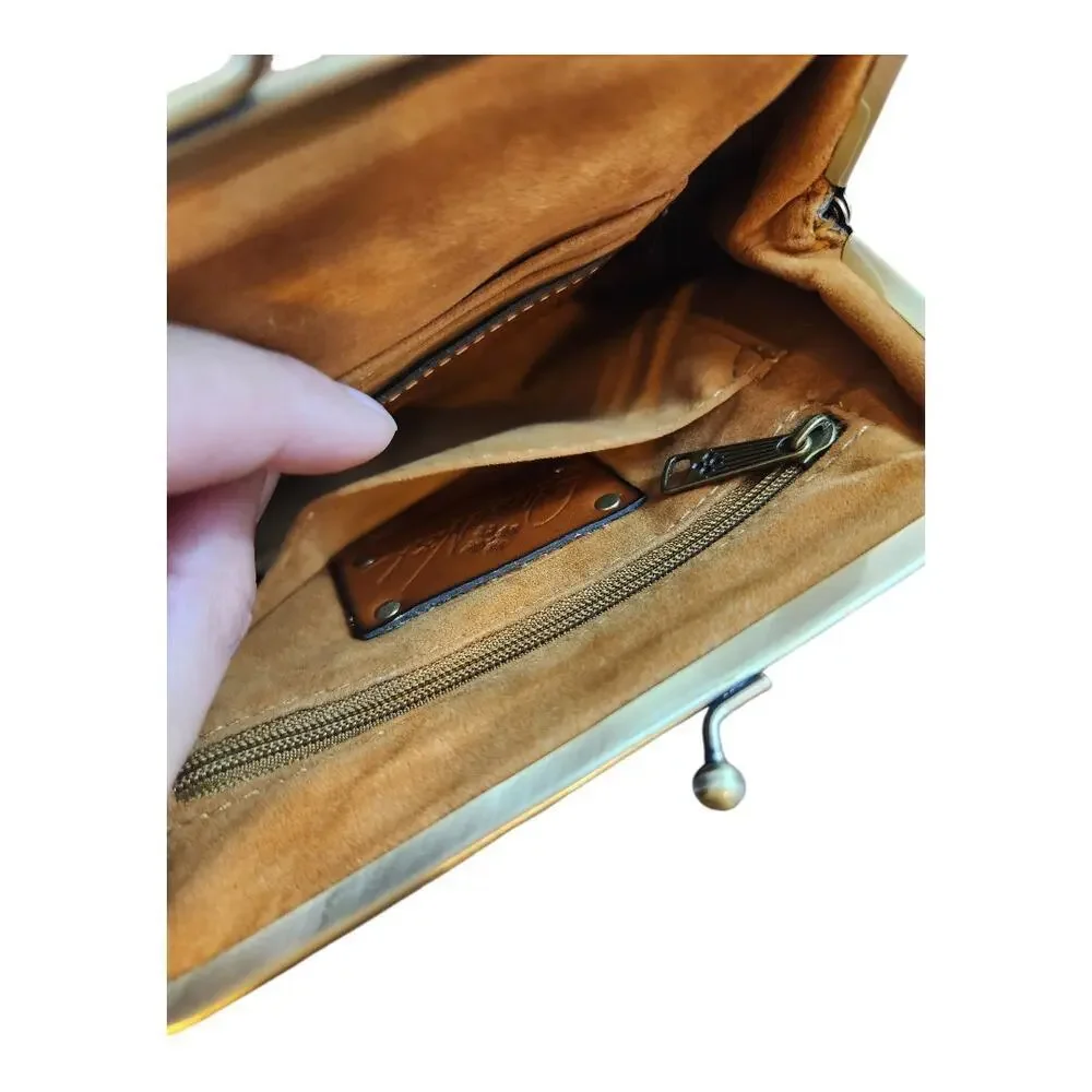 Patricia Nash Savena tooled brown leather clutch kisslock wallet missing strap